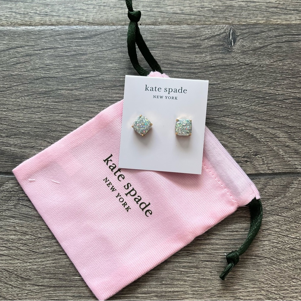 Kate Spade mini small square glitter stud earrings in ‘opal’